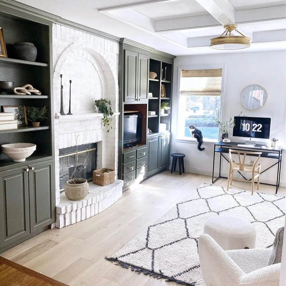 Lime Brick Fireplace with Green Built-Ins