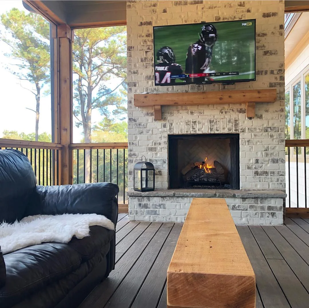 Screened Porch with Lime Washed Brick Fireplace