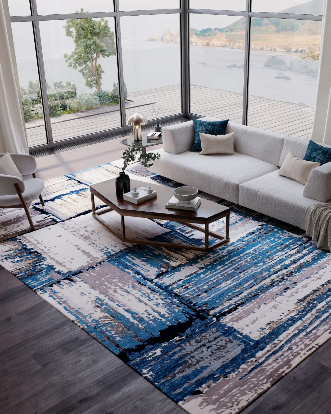 Abstract Blue Rug Living Room with Coastal View