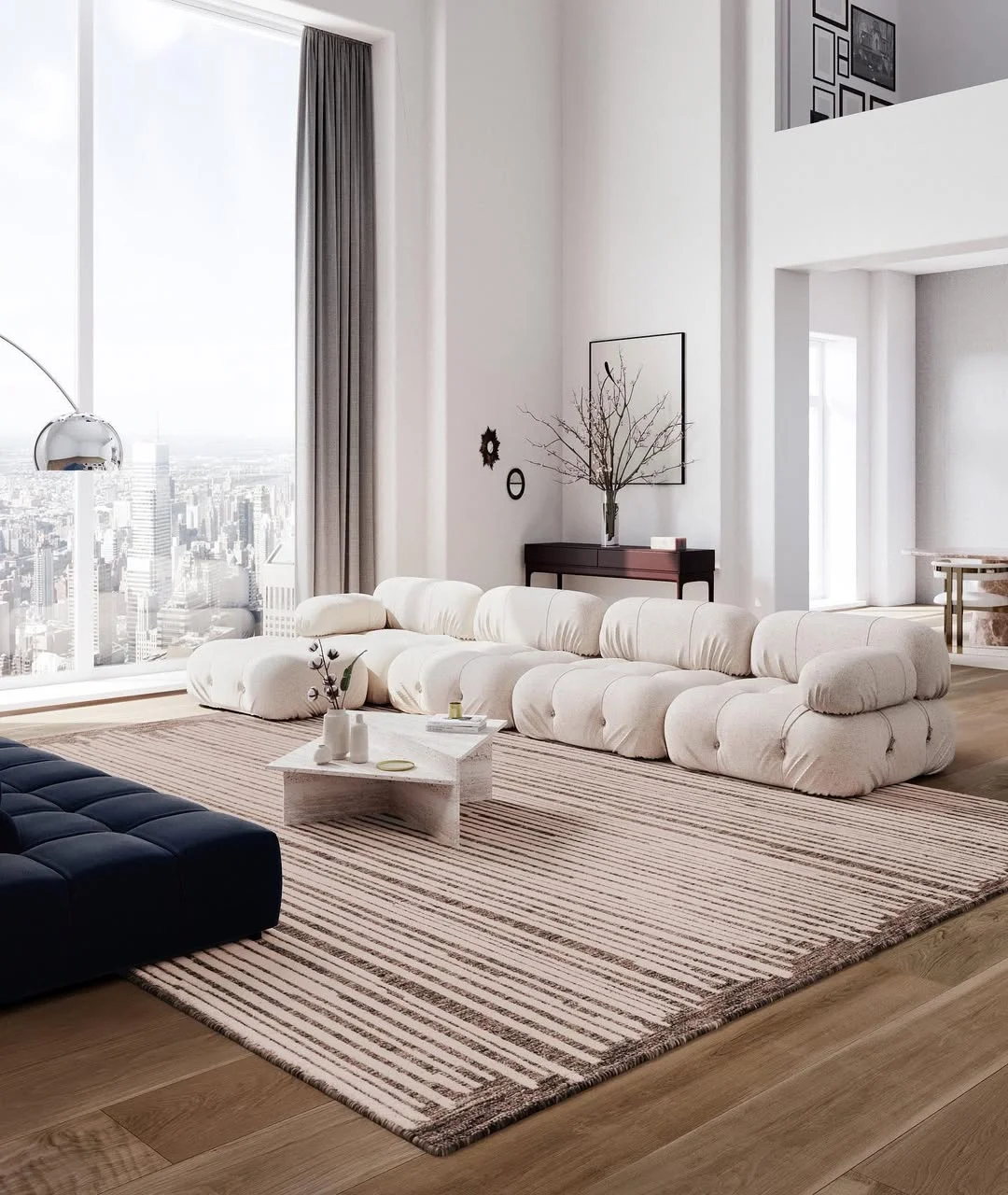 Minimalist Striped Rug Living Room with City View