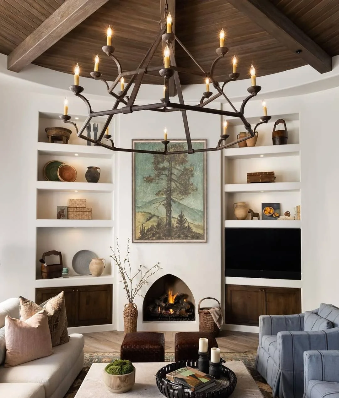 Living Room Corner Fireplace with Built-in Shelves