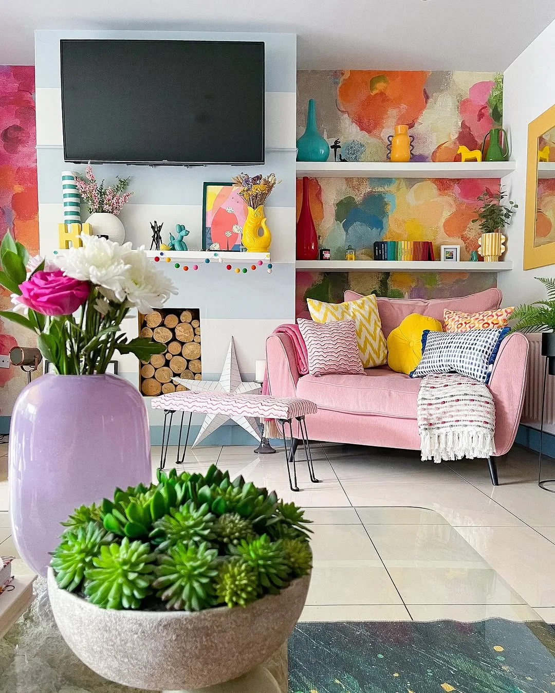 Colorful &amp; Playful Living Room Decor with Shelving