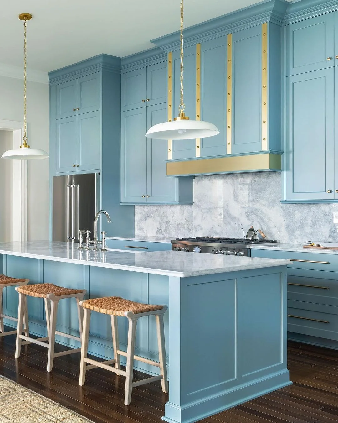 Cool Marble with Vibrant Blue Cabinets