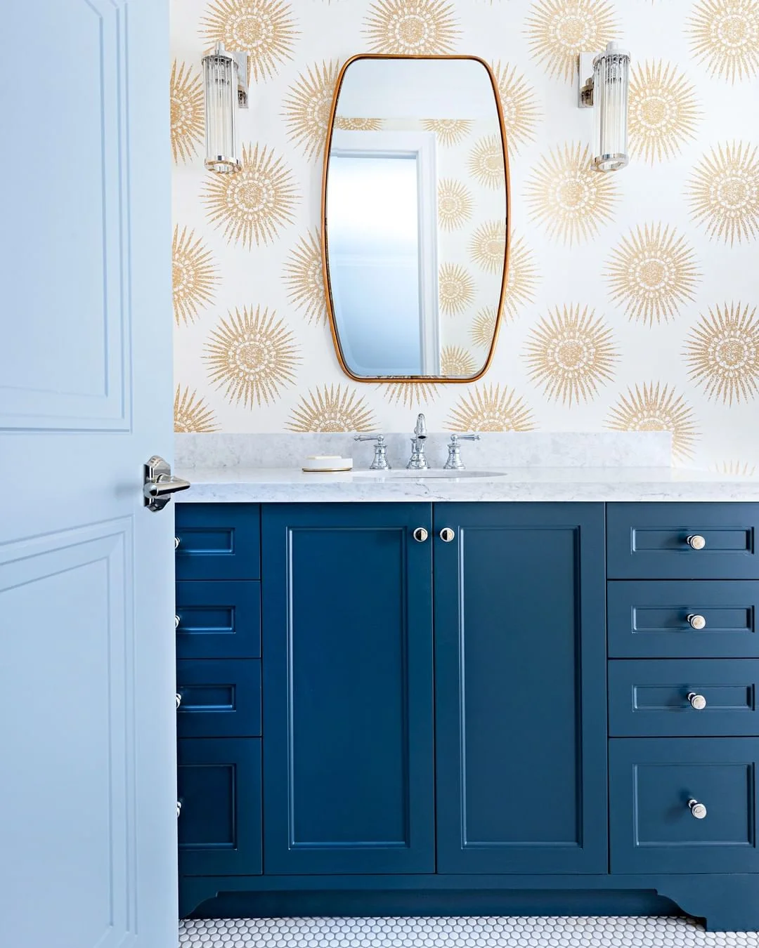 Navy Vanity with Sunburst Wallpaper