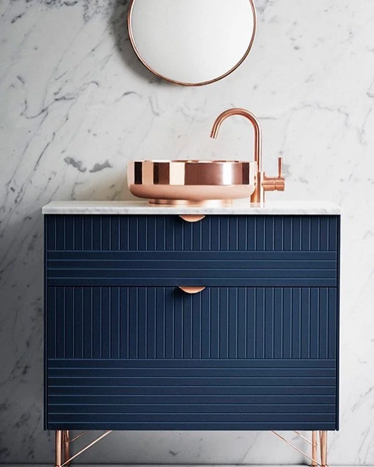 Navy Blue Vanity with Copper Accents