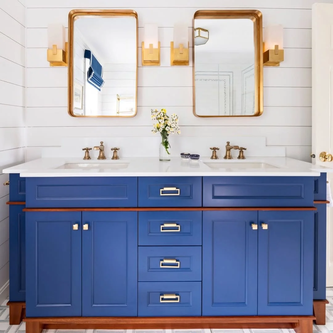 Double Navy Blue Vanity with Gold Mirrors