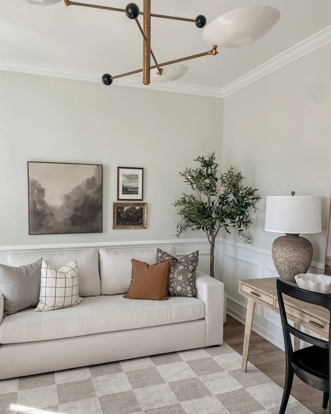 Neutral and Airy Living Room with Checkered Rug