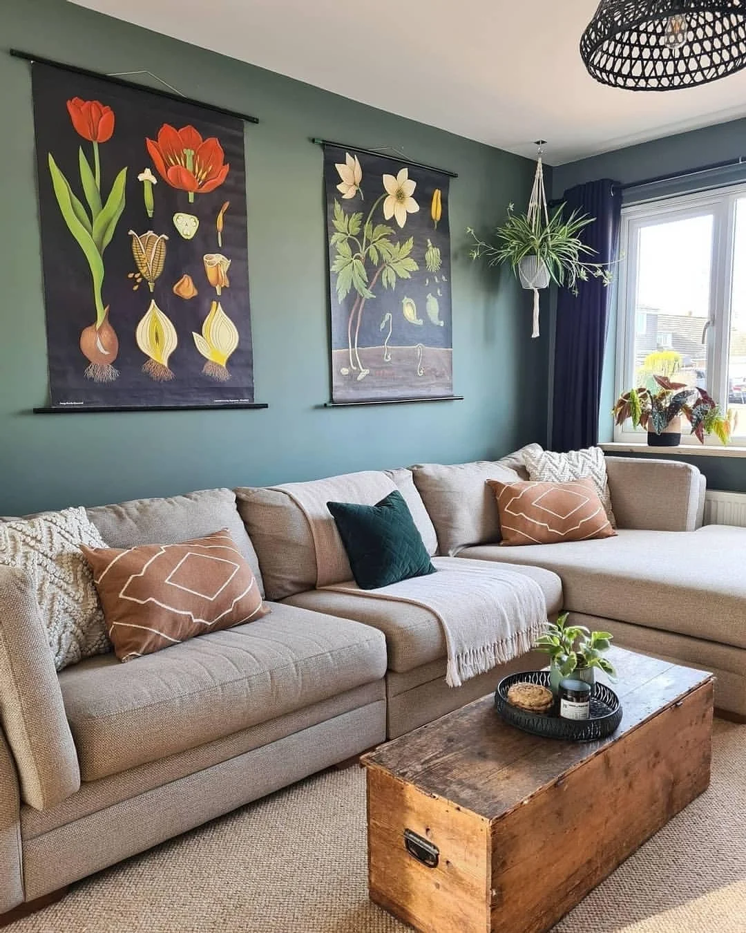 Botanical-Themed Living Room with Green Walls