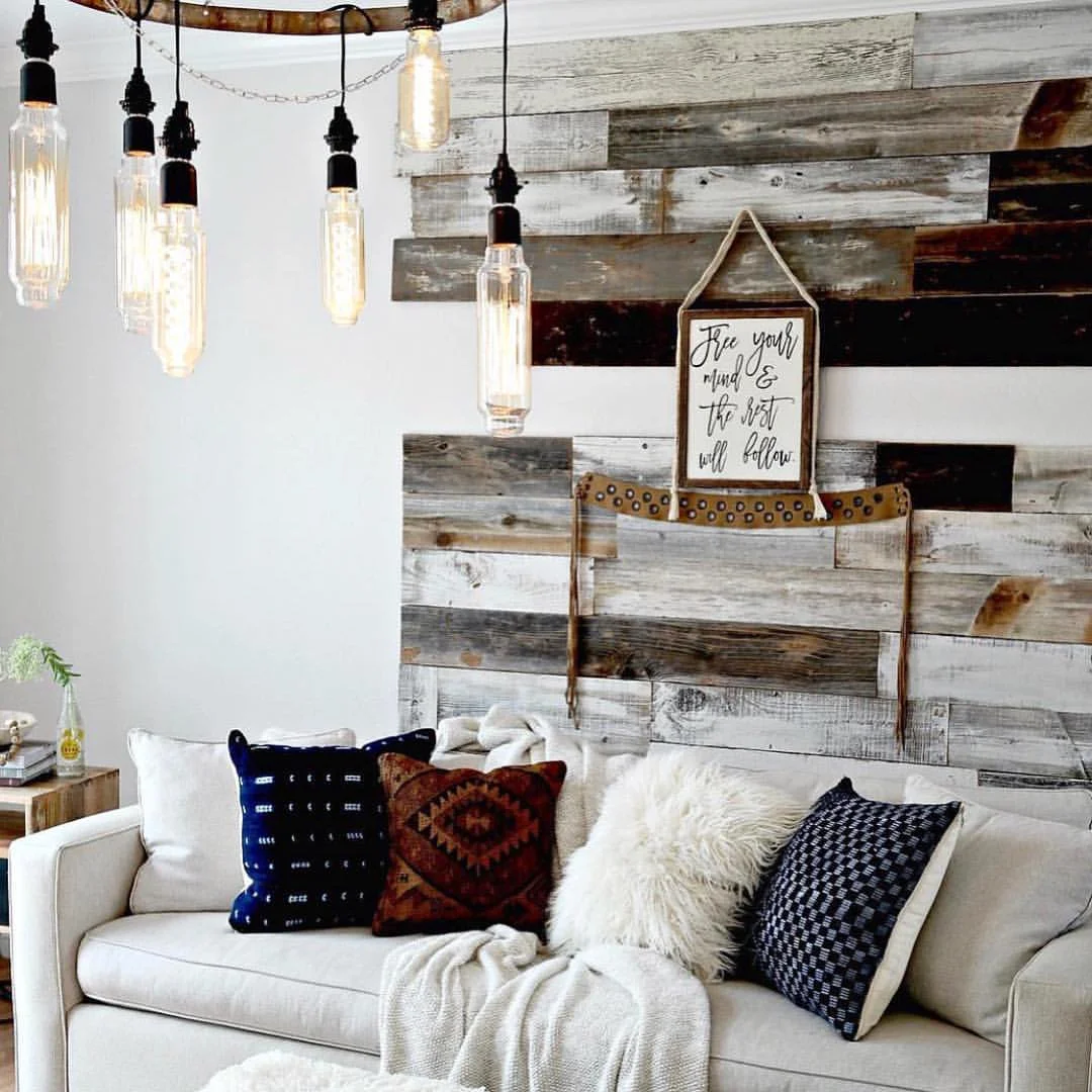 Rustic Living Room with Edison Bulb Chandelier