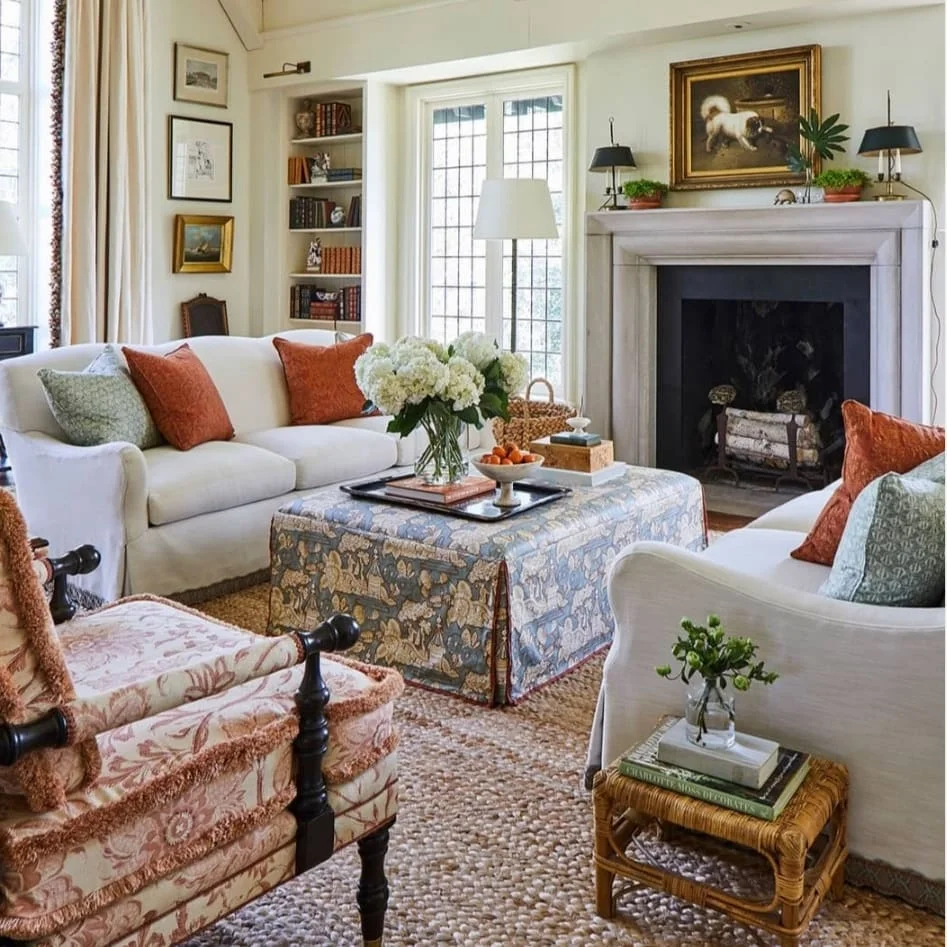 Classic &amp; Cozy Living Room with Toile and Burnt Orange Accents