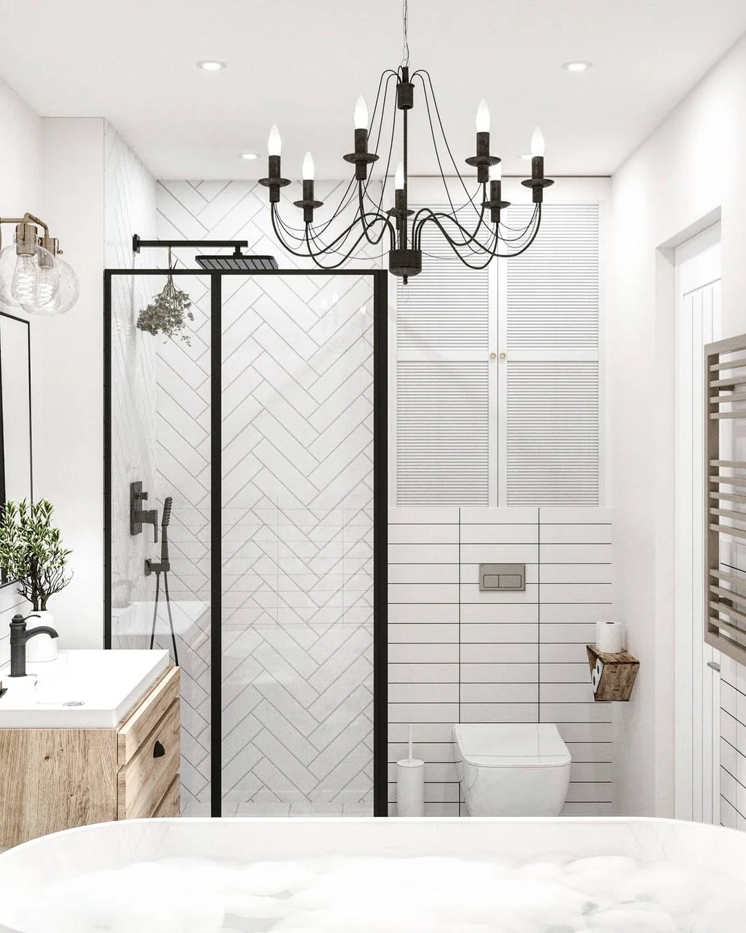 Chic Scandinavian Bathroom with a Chandelier Twist