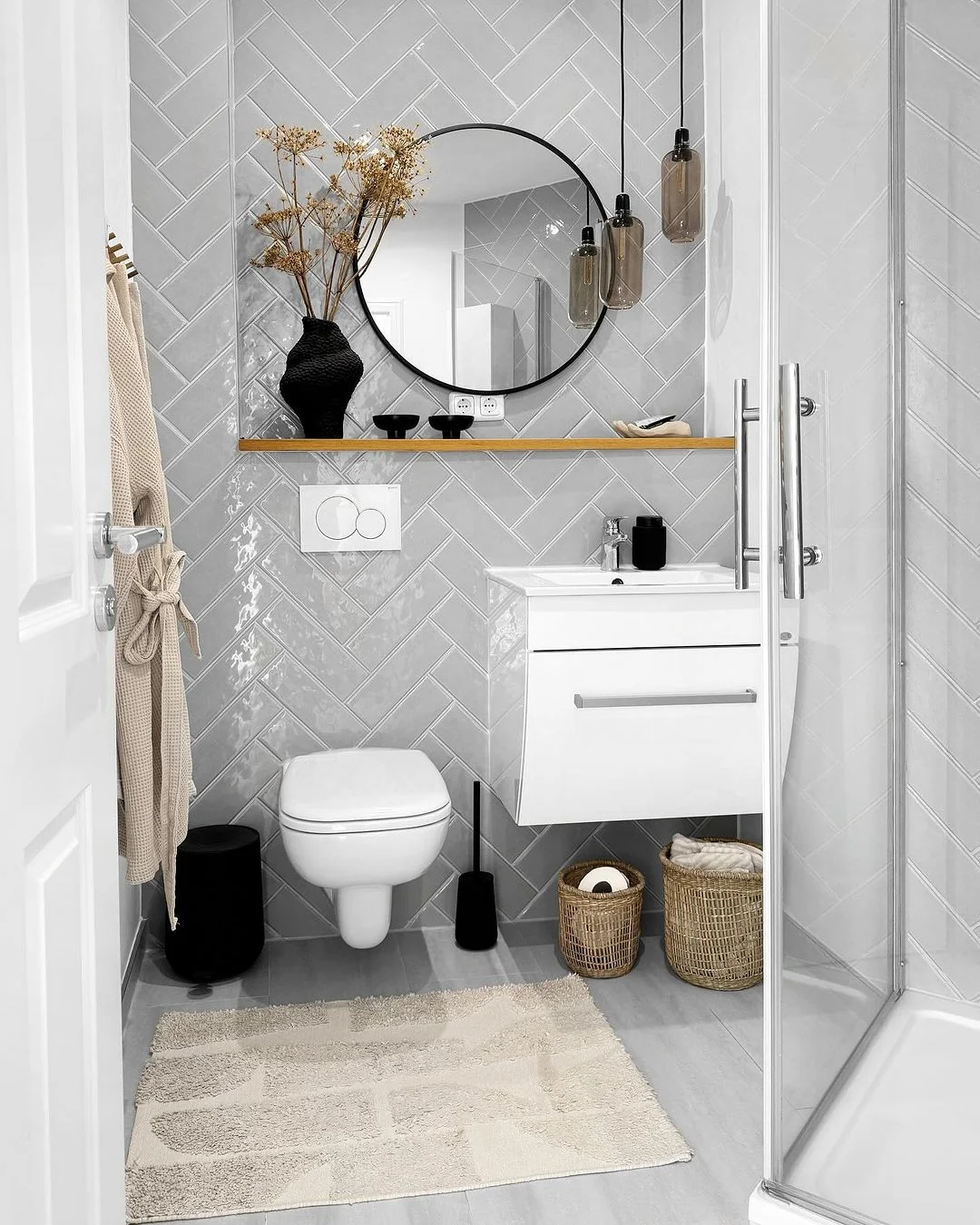 Trendy Scandinavian Bathroom with Herringbone Tile