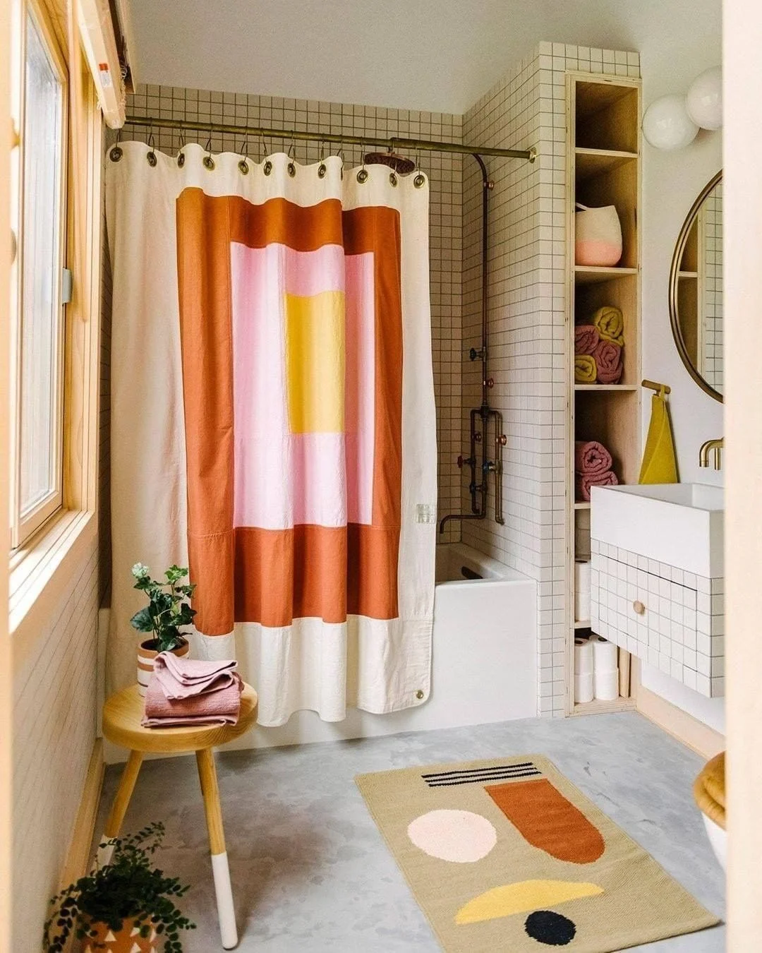 Color-Block Shower Curtain in a Modern Bathroom