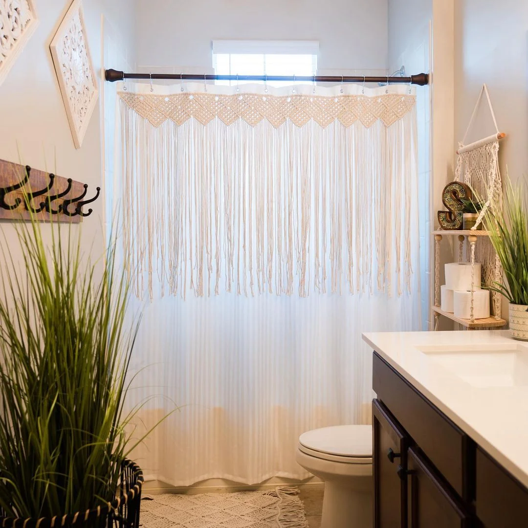 Macrame Shower Curtain in a Bohemian Bathroom