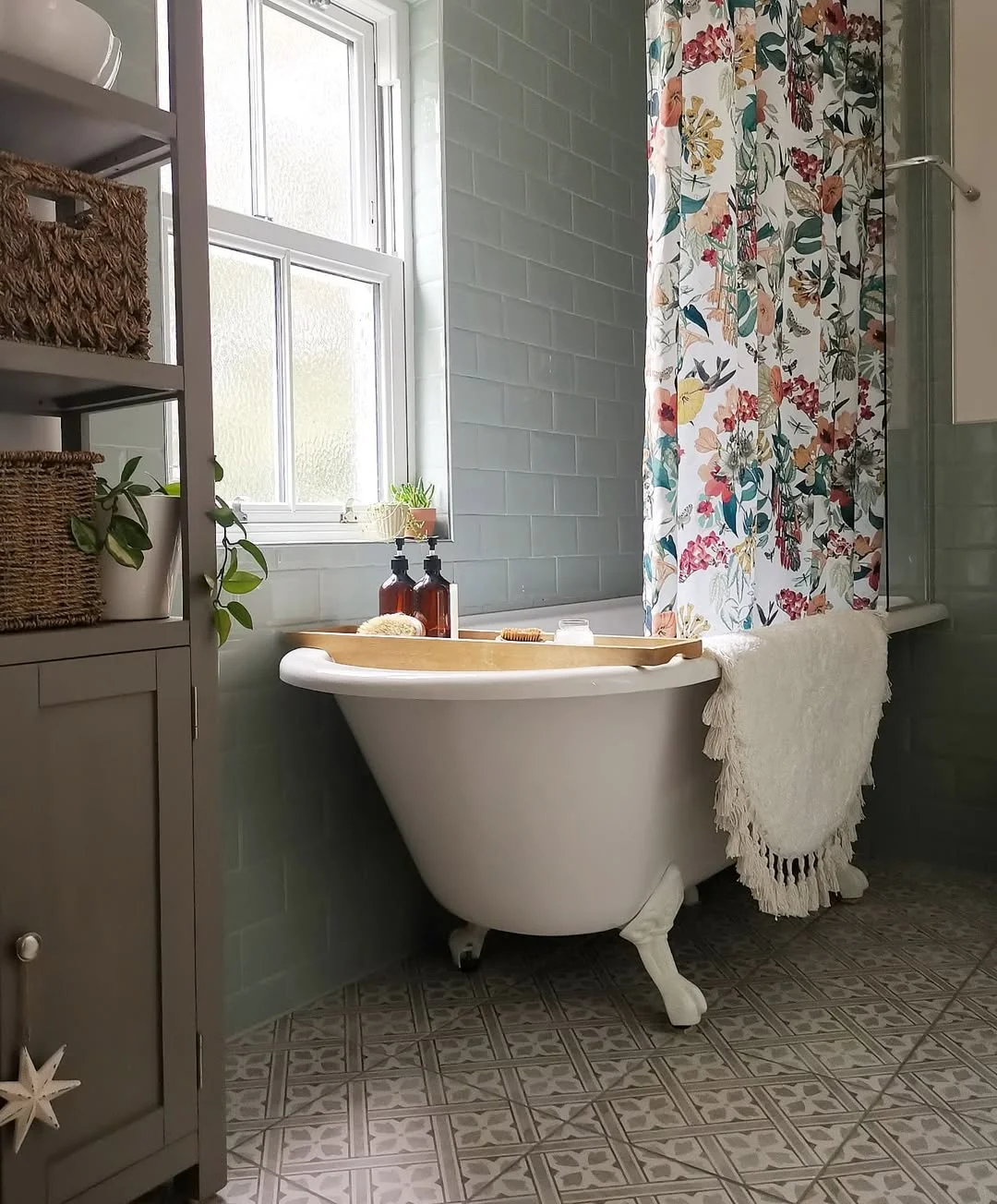 Floral Shower Curtain with Clawfoot Tub