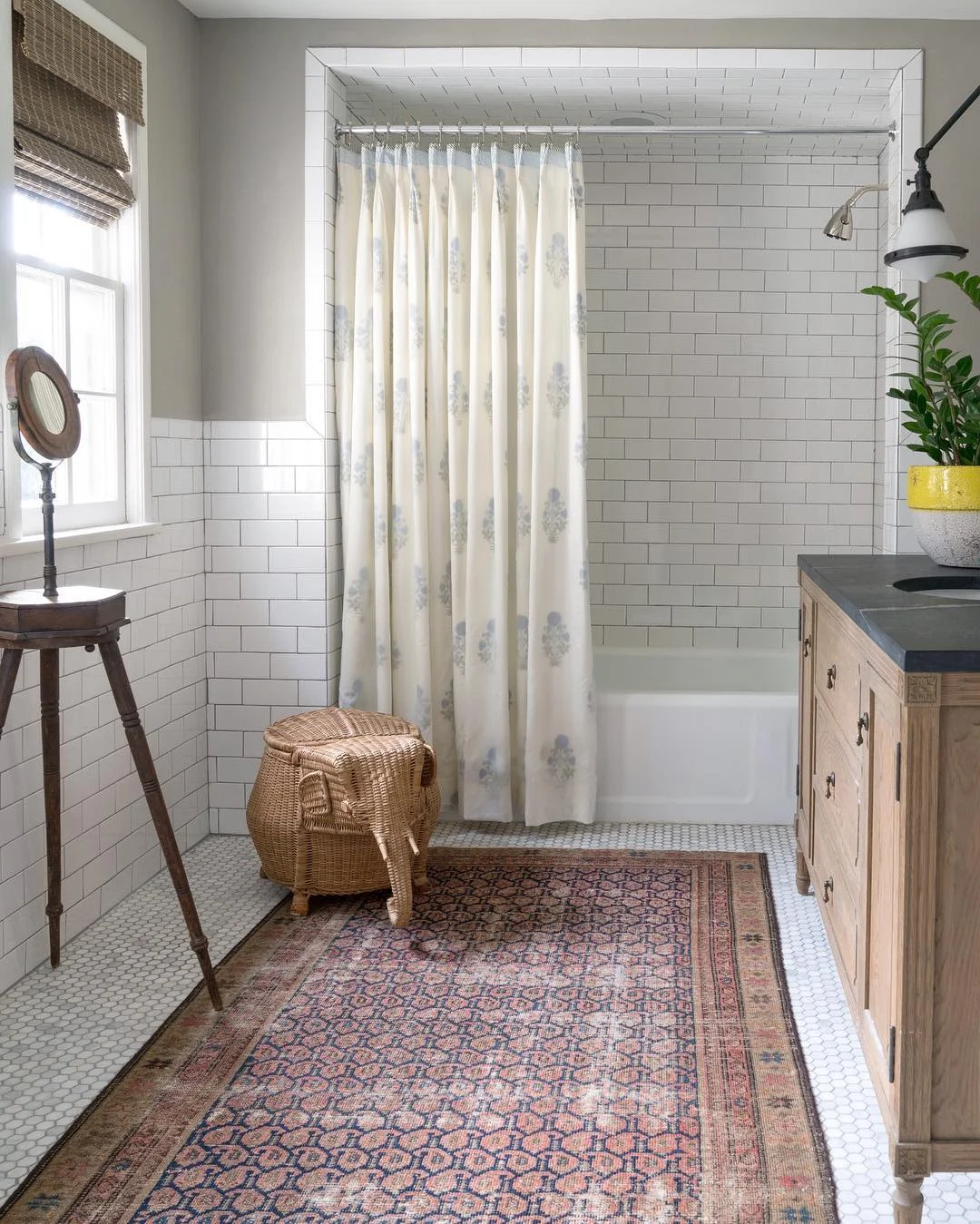 Floral Shower Curtain in a Subway-Tiled Bathroom