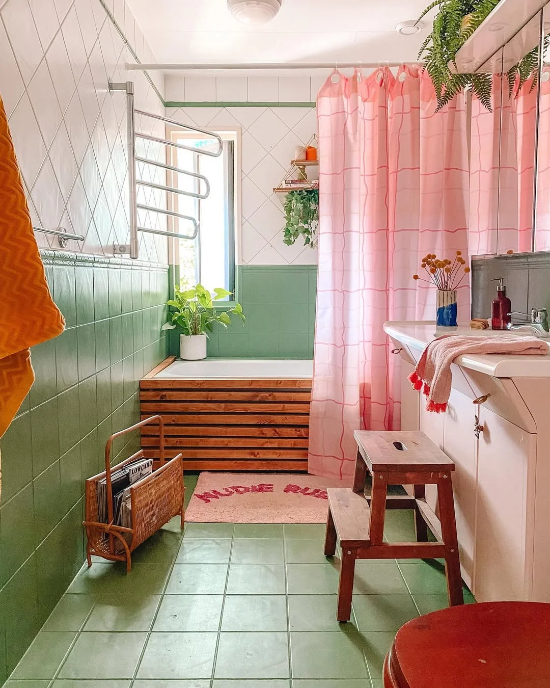 Pink Grid Shower Curtain in a Retro Bathroom