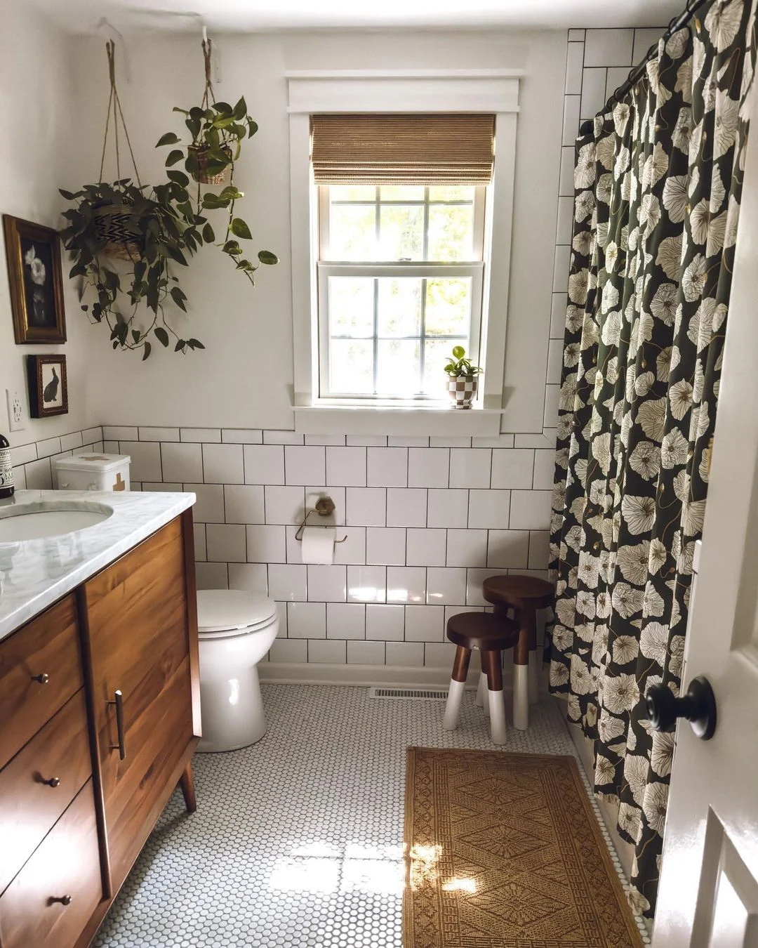 Botanical Shower Curtain in a Mid-Century Modern Bathroom