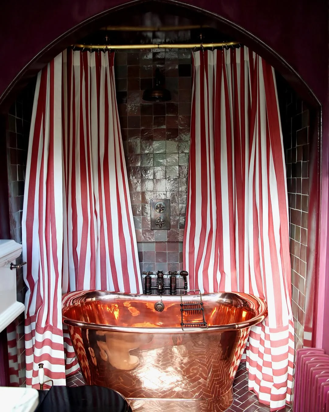 Striped Shower Curtains and Copper Tub