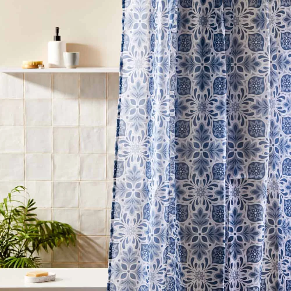 Blue and White Tile-Print Shower Curtain