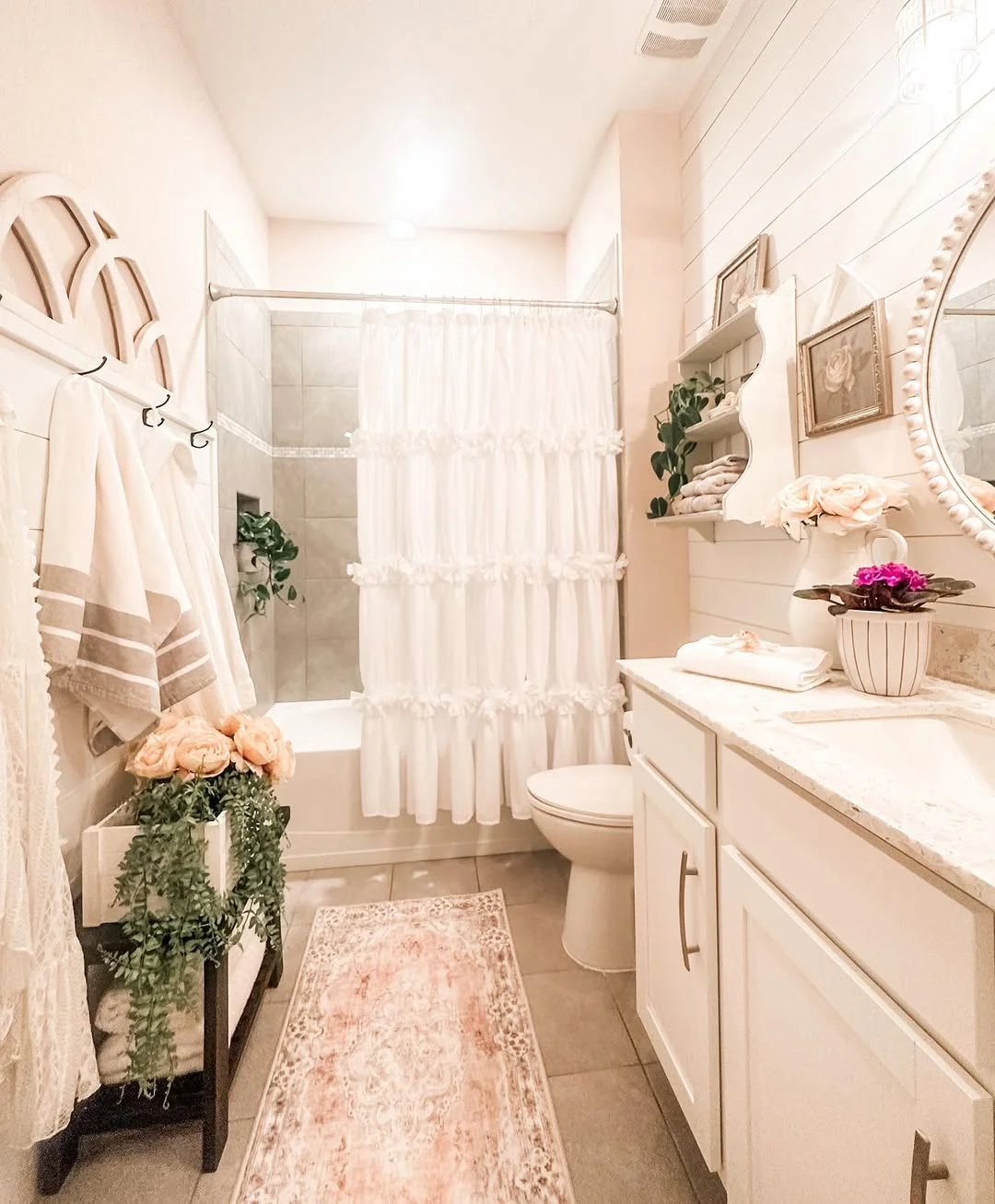 Ruffled Shower Curtain in Farmhouse Bathroom