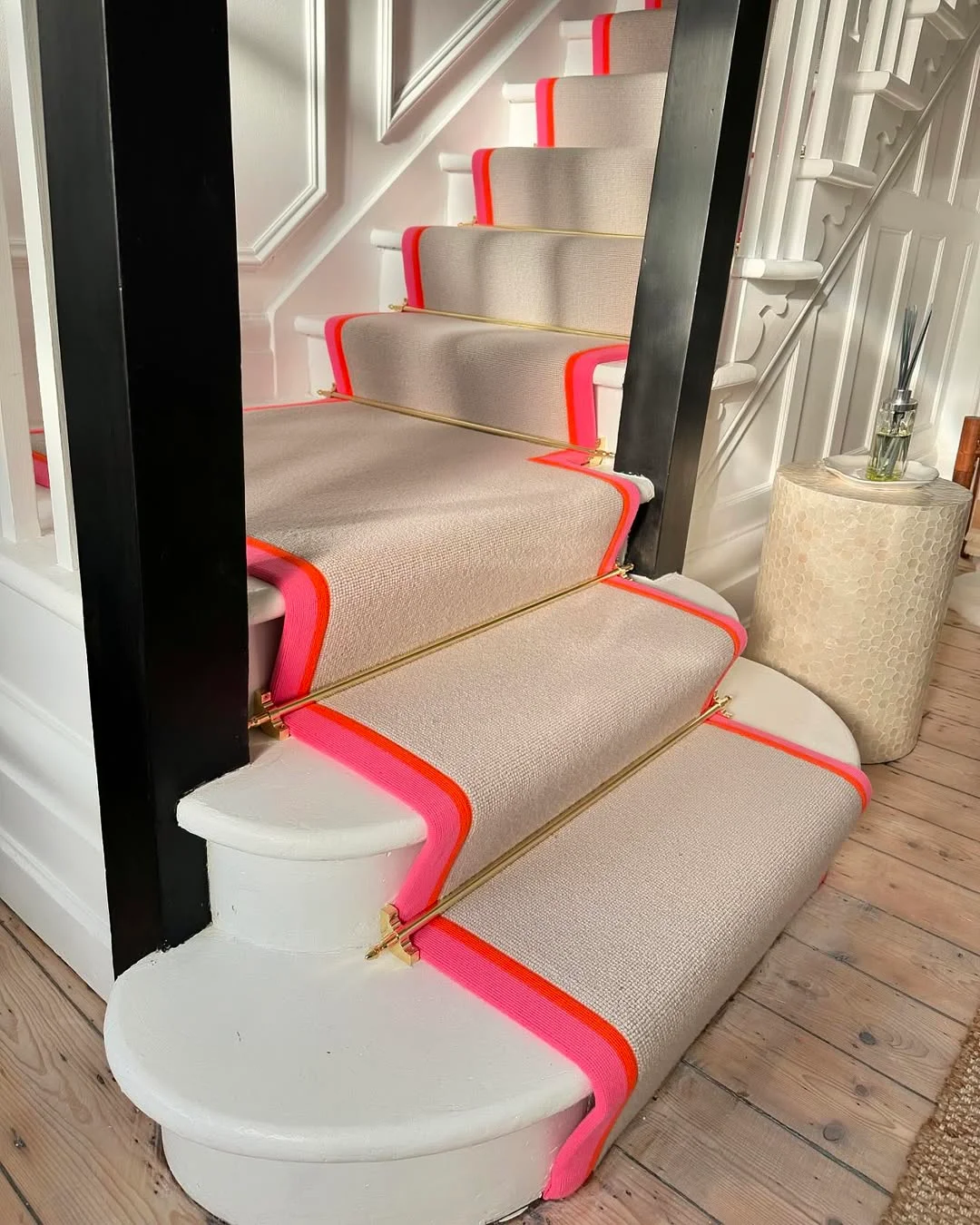 Neutral Stair Runner with Bright Pink Border