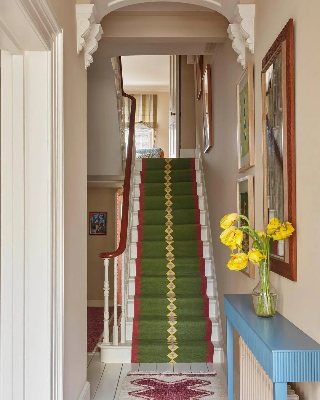 Green Stair Runner with Geometric Pattern