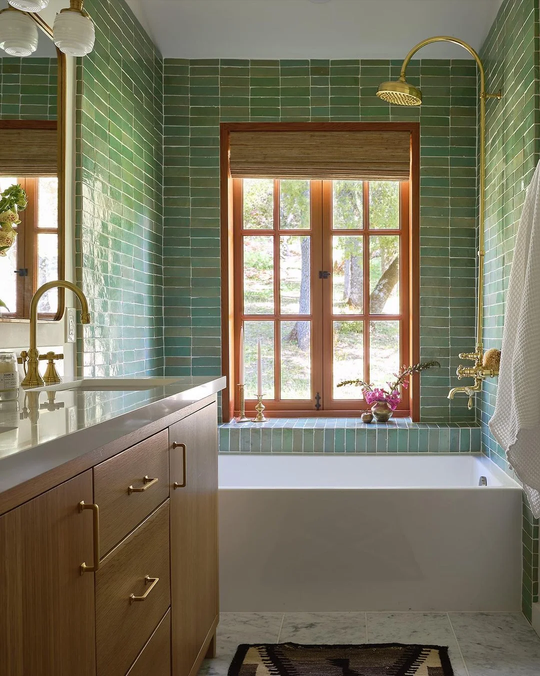 Green Subway Tile Bathroom with Nature Views