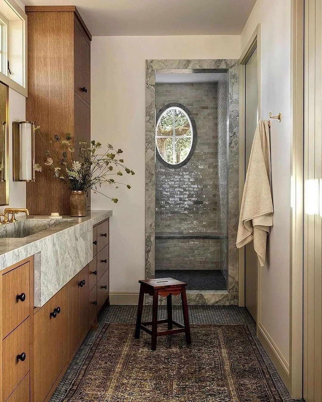 Earthy Bathroom with a Statement Rug