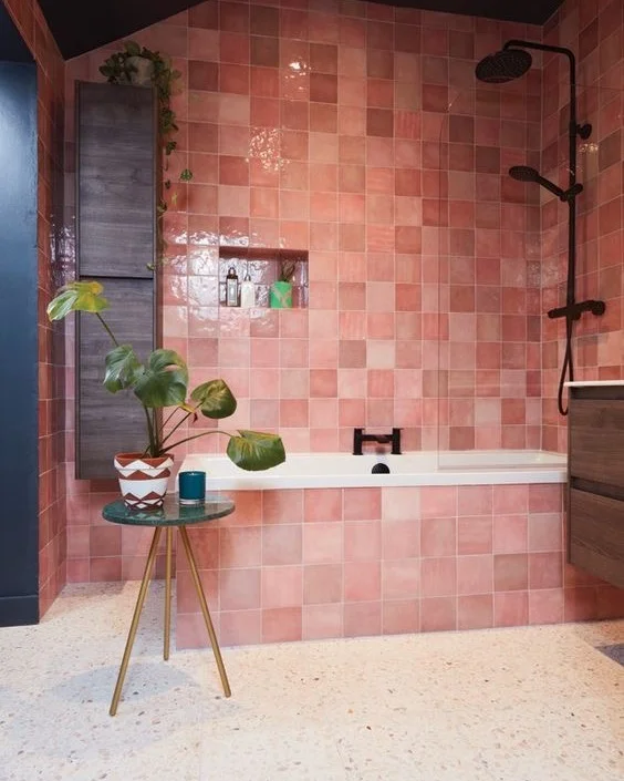 Pink Square Tile Botanical Bathroom