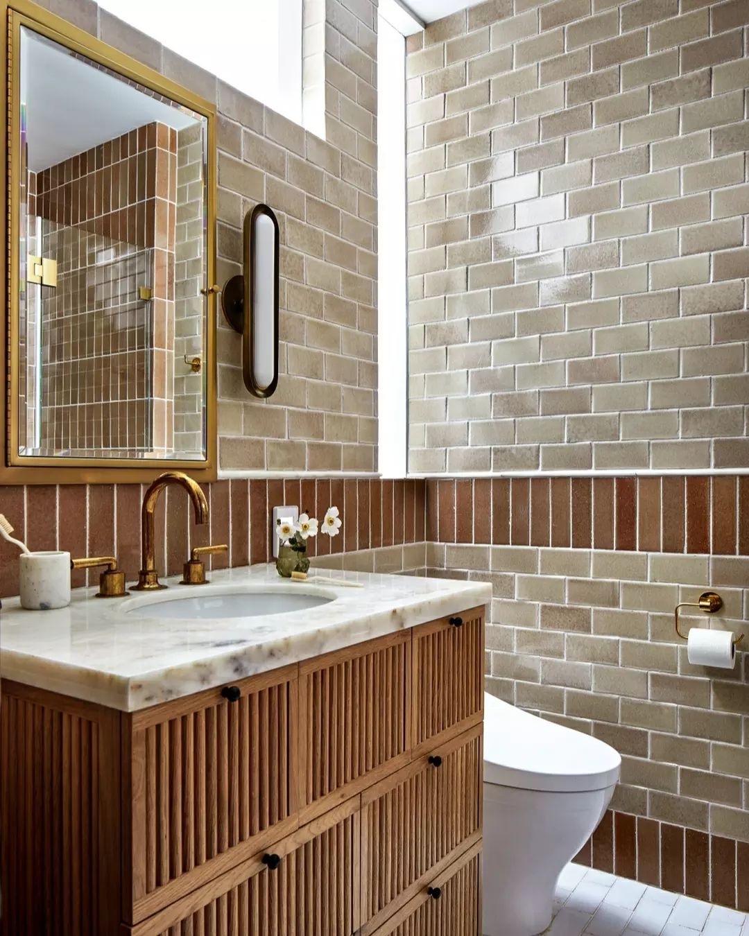 Warm &amp; Earthy Bathroom with Brick Tiles