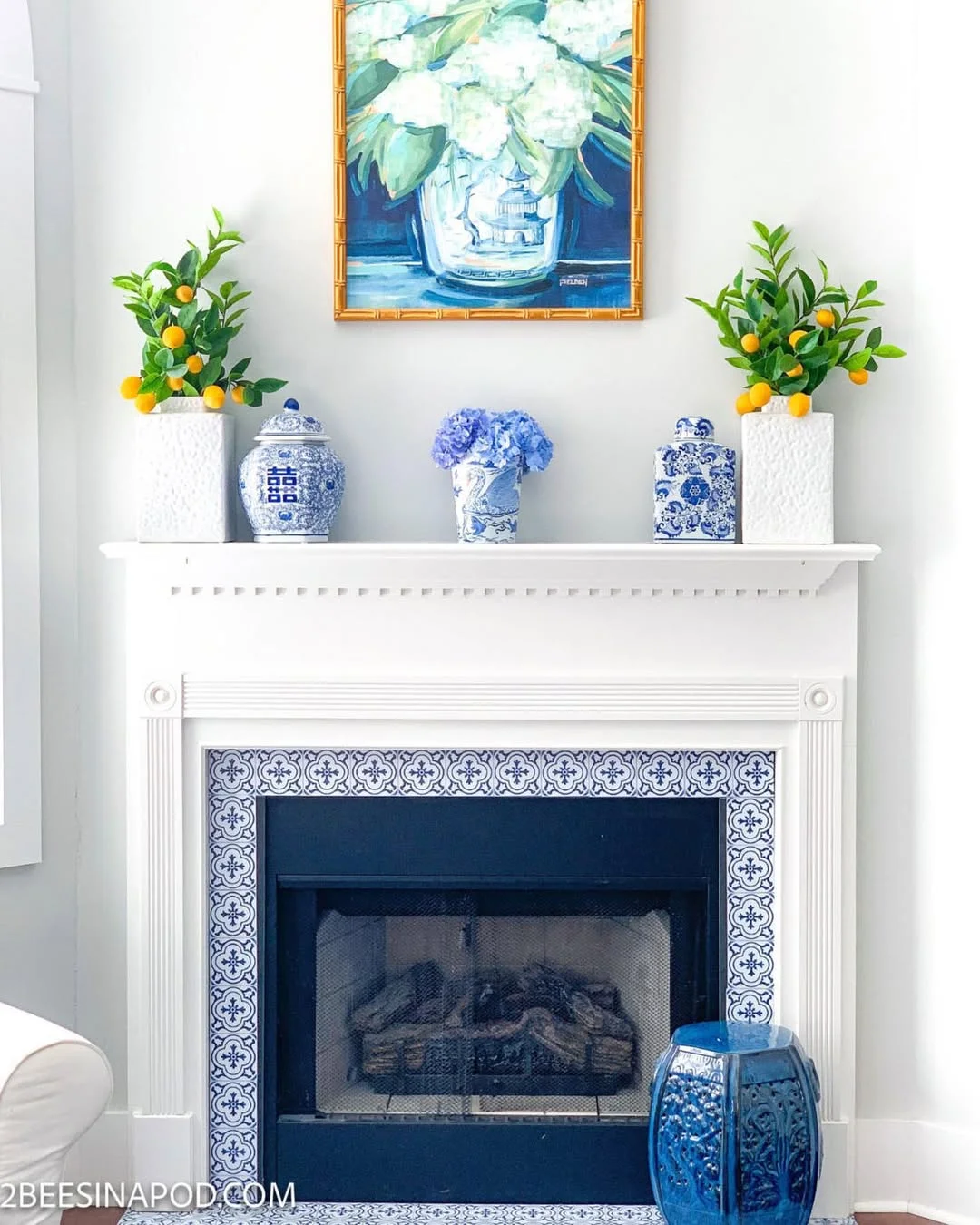 Blue and White Summer Mantel with Citrus Accents