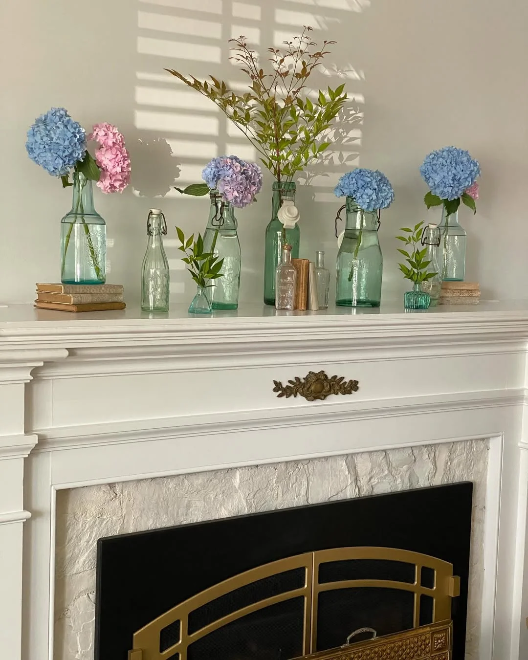 Simple Spring Mantel with Hydrangeas