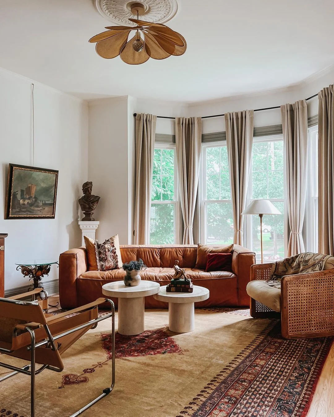 Vintage-Inspired Living Room with Tan Leather Sofa