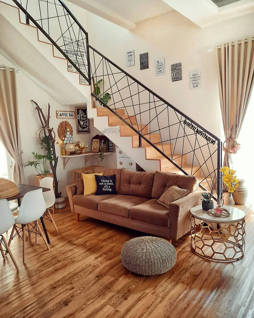 Warm and Inviting Open Plan Living Space with Brown Sofa