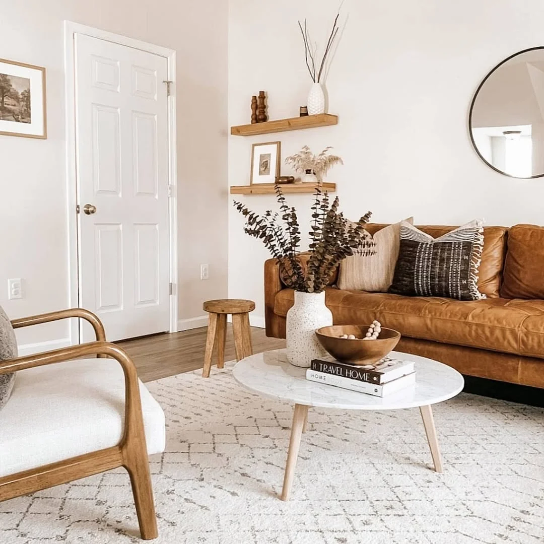 Warm Minimalist Living Room with Tan Leather Sofa