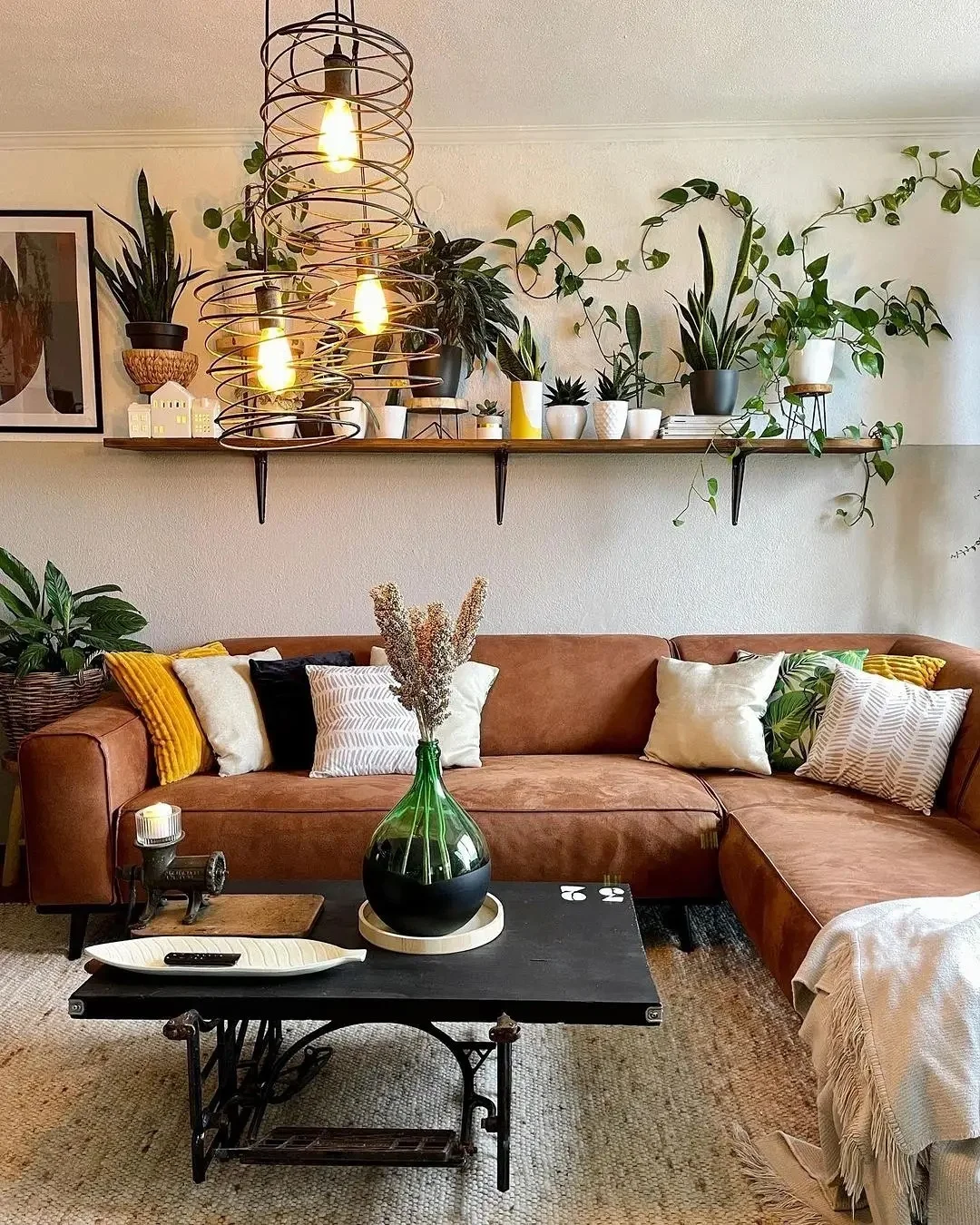 Earthy Bohemian Living Room with Tan Sectional