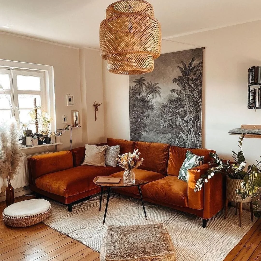 Burnt Orange Velvet Sectional Living Room