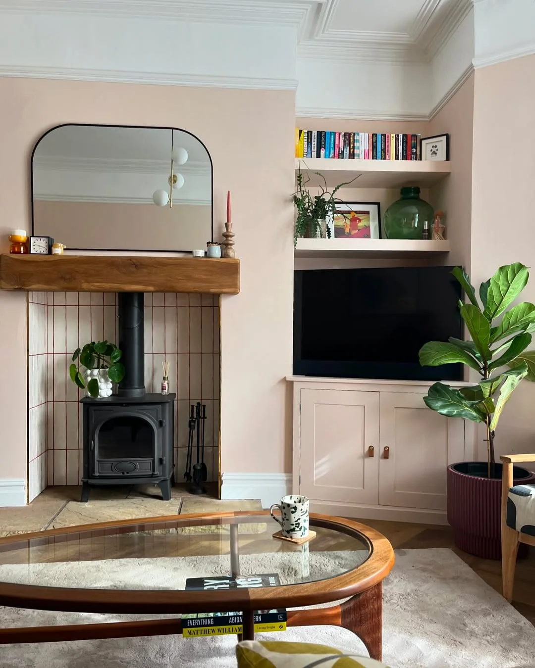 Blush Pink Fireplace with Modern Decor