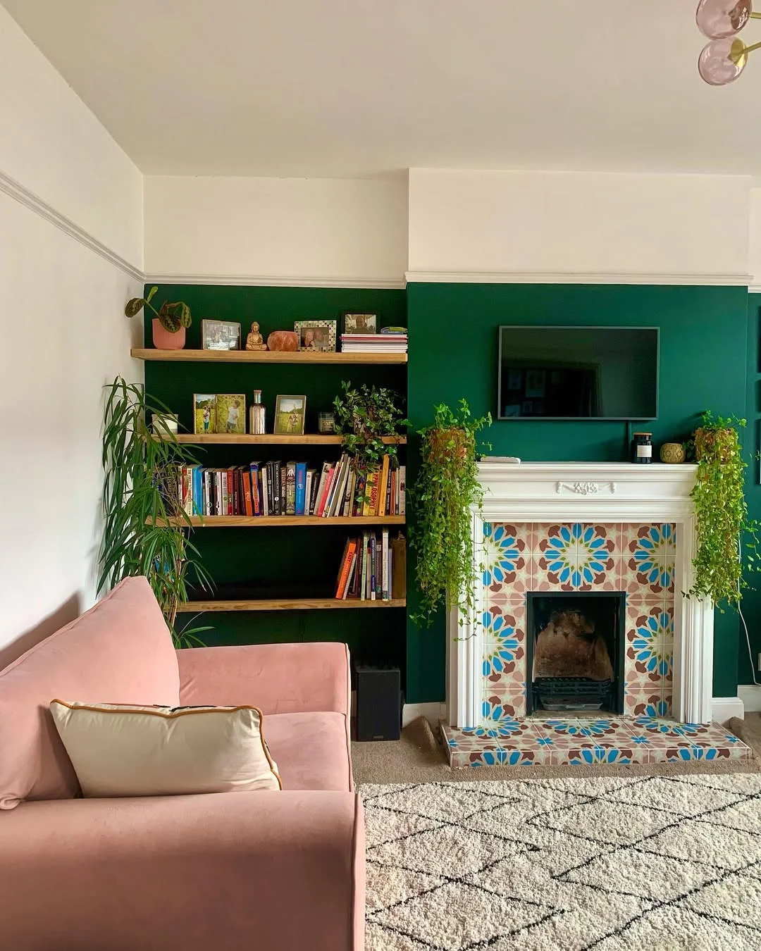 Colorful Bohemian Fireplace with Patterned Tile