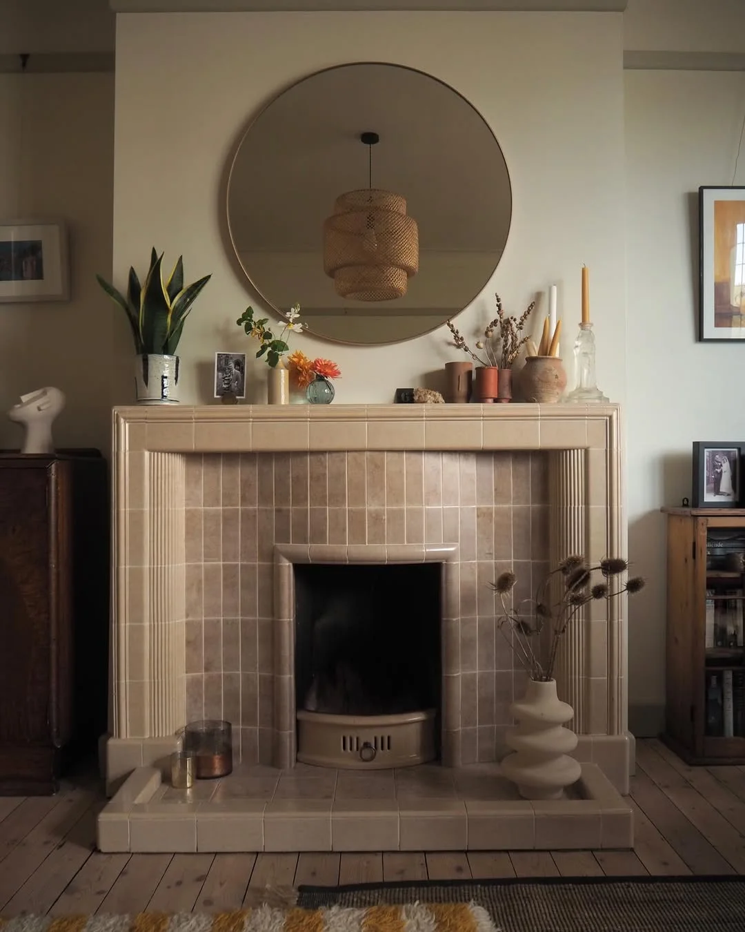 Neutral-Toned Fireplace with Tiled Surround