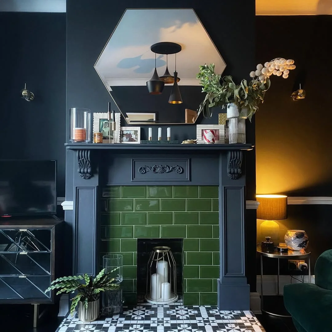 Dramatic Green and Black Fireplace