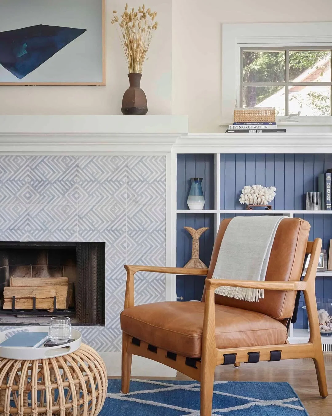 Coastal Fireplace with Geometric Tile