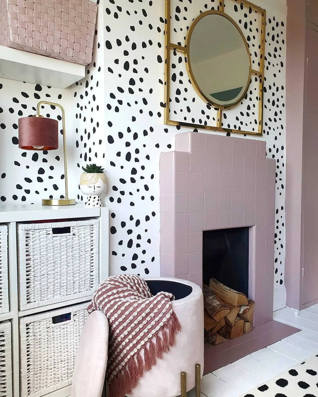 Playful Pink Fireplace with Dalmatian Wallpaper