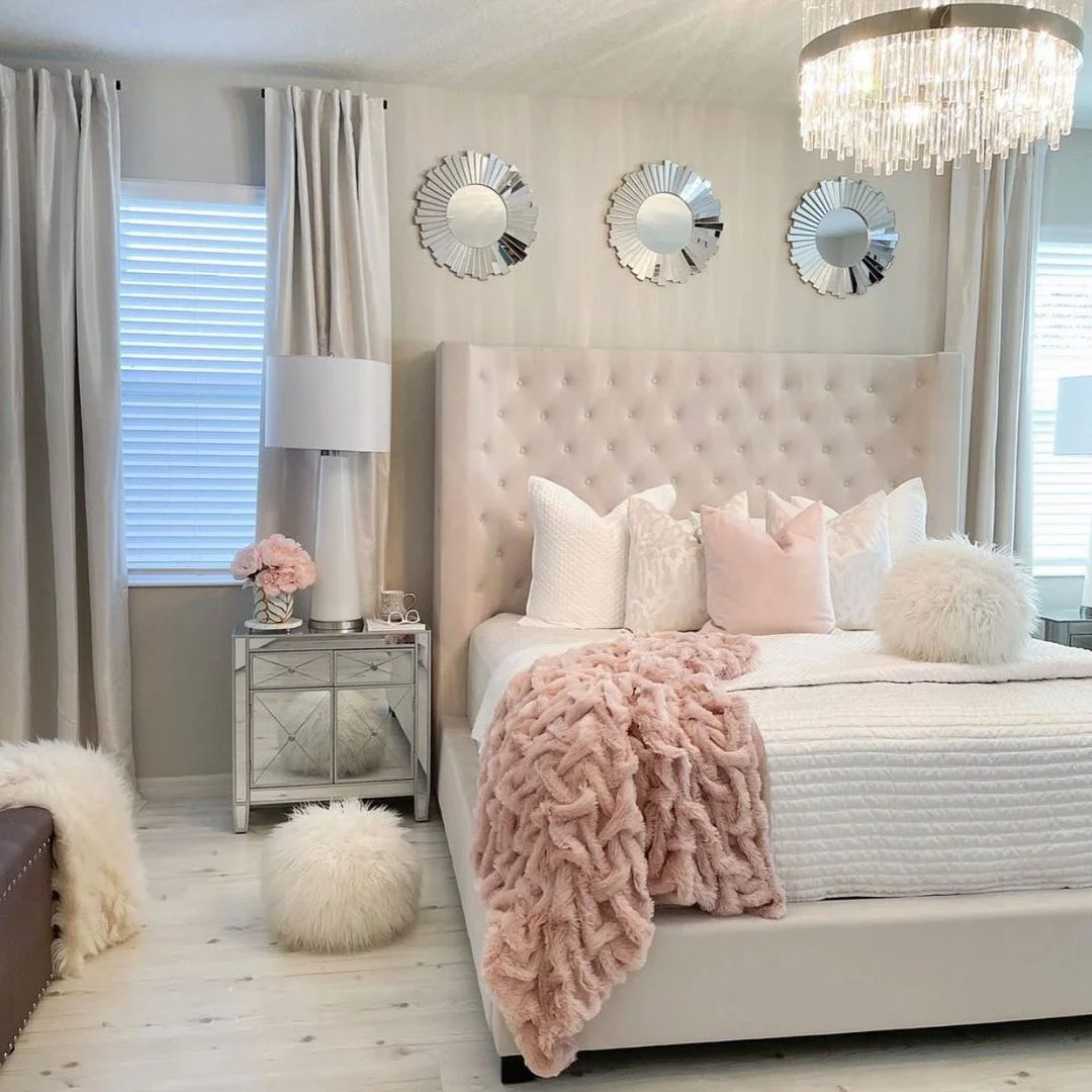 Blush Pink &amp; Glam Tufted Headboard Bedroom