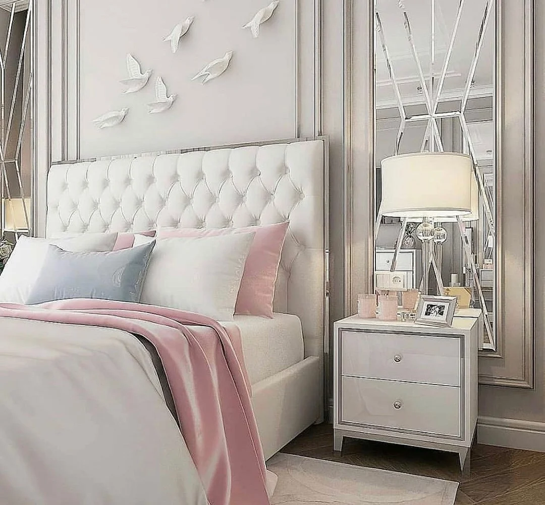 Elegant White Tufted Headboard with Blush Accents