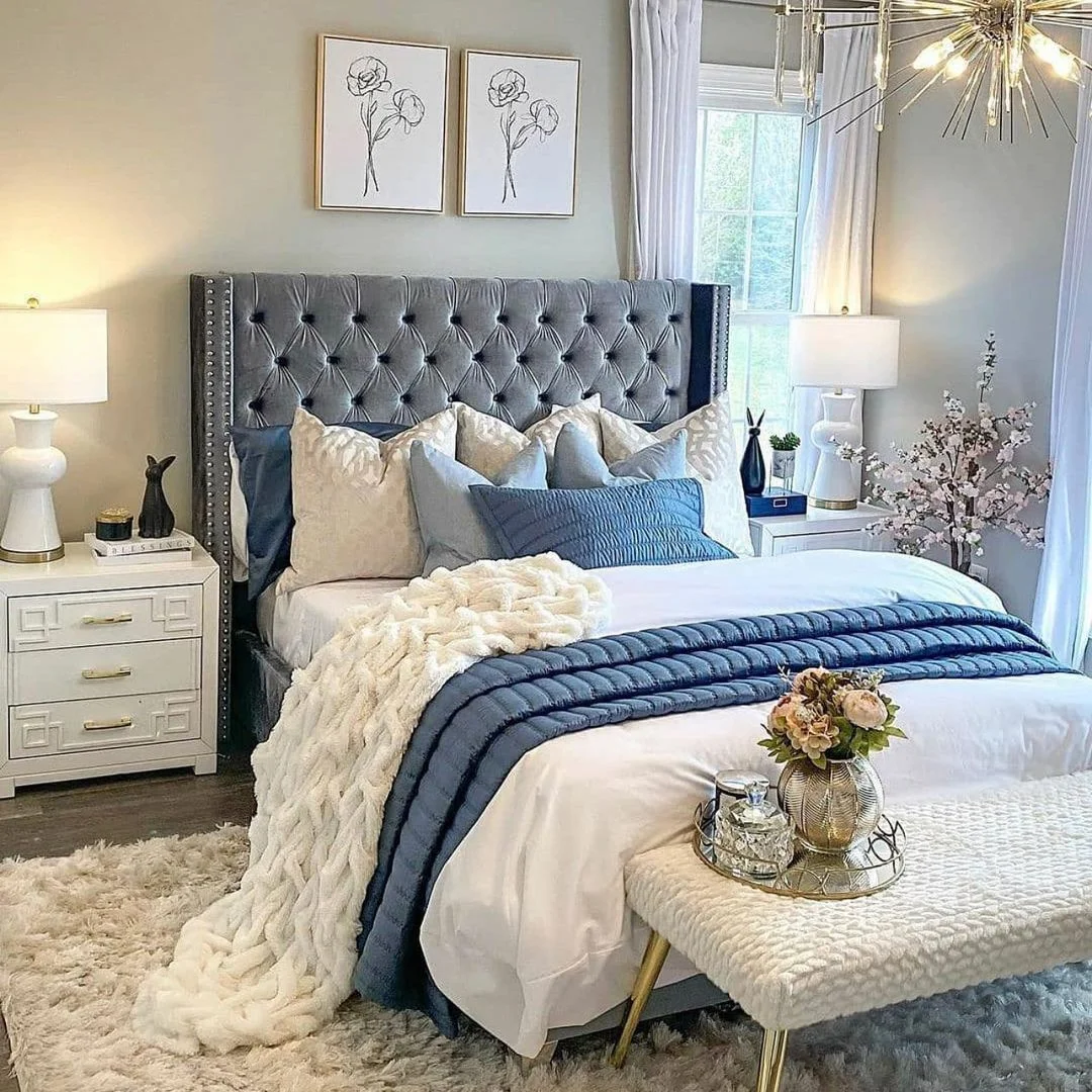 Stylish Tufted Headboard with Navy &amp; White Decor