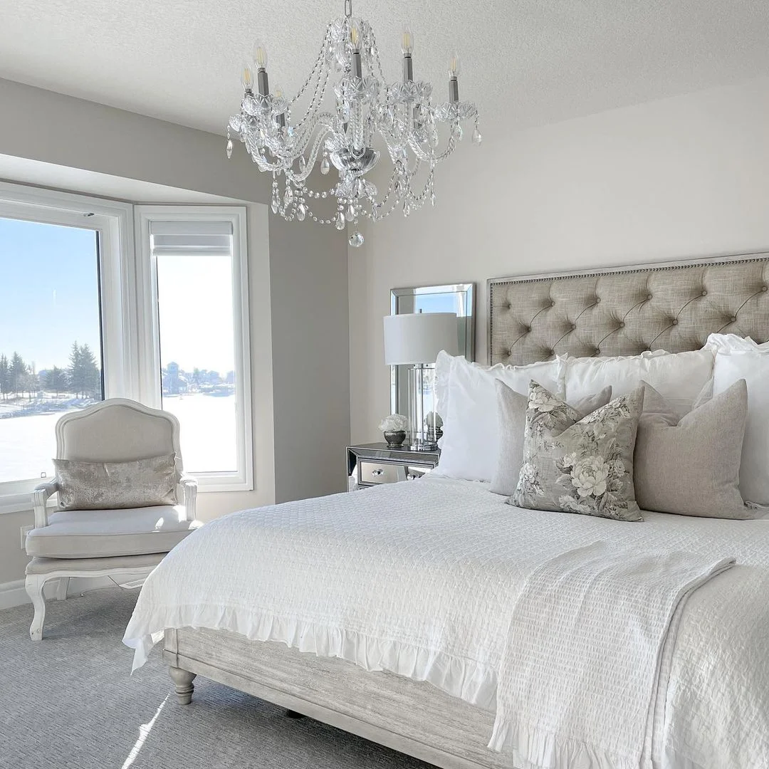 Elegant Tufted Headboard &amp; Crystal Chandelier