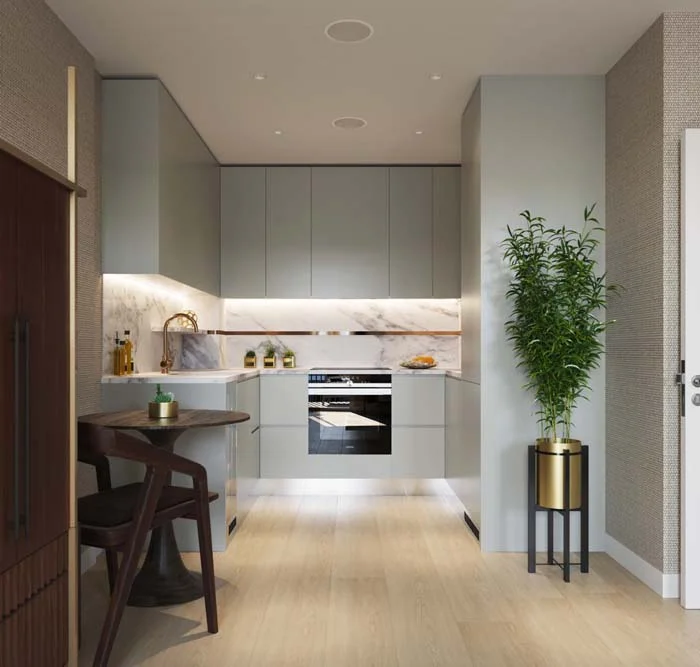 Lavish U-Shaped Kitchen with Gold and Marble Accents