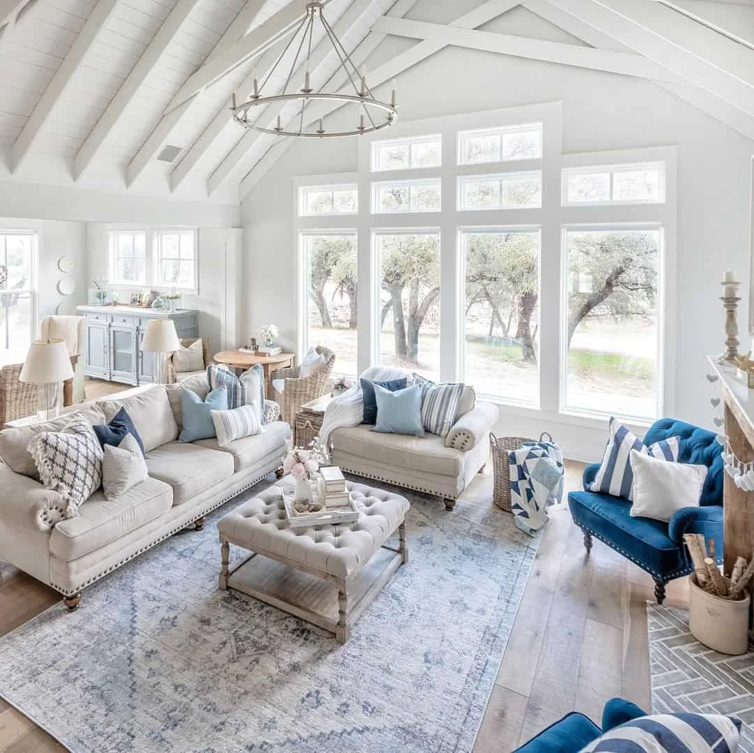 Vaulted Ceiling Living Room in Serene Blues and Creams